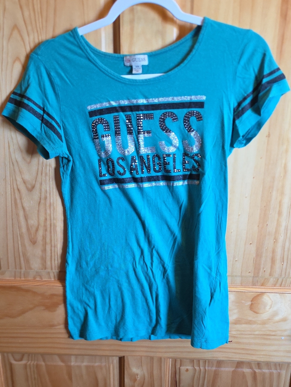 GUESS Girls' Teal Short-Sleeve Logo Tee with Glitter